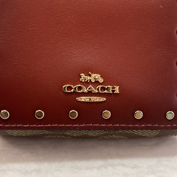 NWT Coach Small Trifold Wallet Colorblock Signature Khaki Terracotta with Rivet - Picture 10 of 11